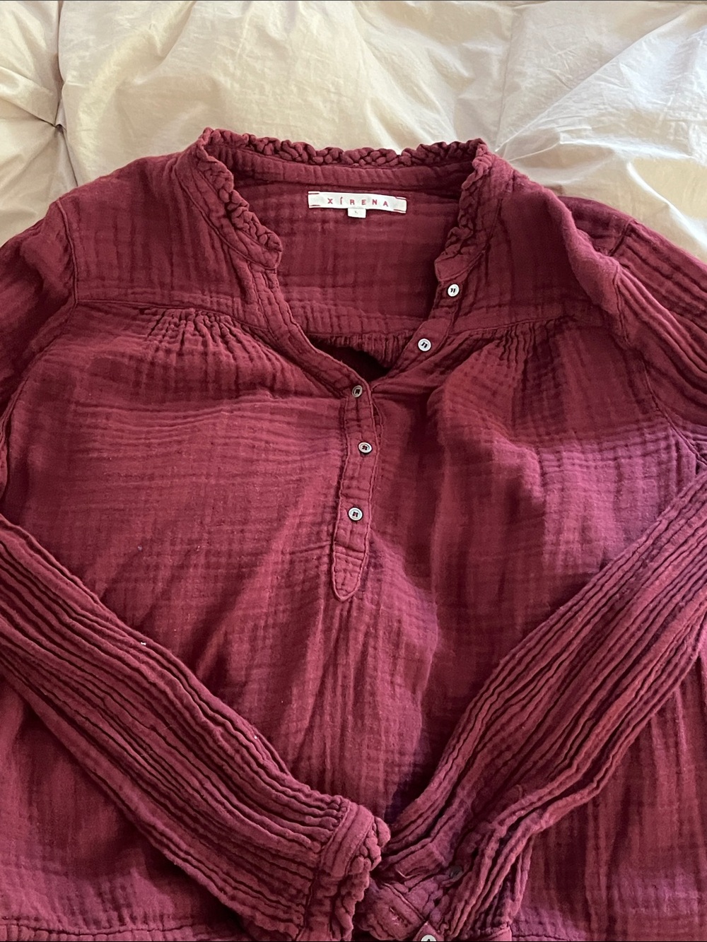 XiRENA Long-Sleeve Gauze Henley Top - Burgundy